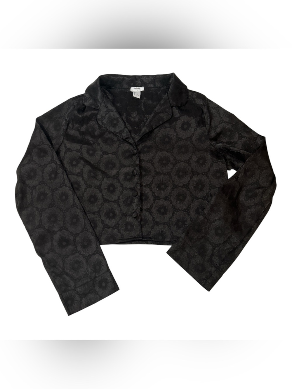 Forever 21 Black Floral Jacquard Button-Front Cropped satin pajama Top Sz M
